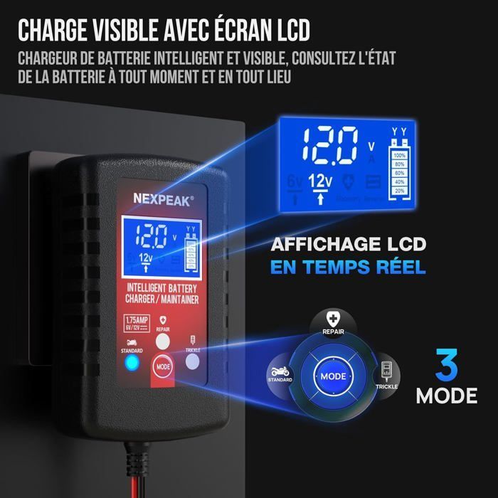 1.75A Car Battery Charger, 6V and 12V, Fully Automatic Smart Battery Charger, Maintenance Charger