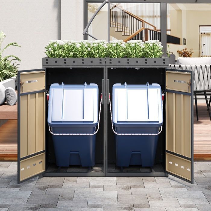 HOMVRA Abri pour Poubelle, Cache-Poubelles 2 Compartiments, Design Verrouillable, avec Fonction de Jardinière, Gris