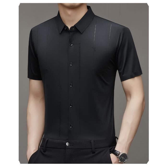 Camicia elegante da uomo, maniche corte, vestibilità regolare, camicia business, a righe, elasticizzata, antipiega, comoda - nera
