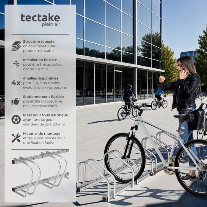 Portabicicletas - TECTAKE - Soporte de pared o suelo para 5 bicicletas, acero, 130 x 28,5 x 26 cm - Gris