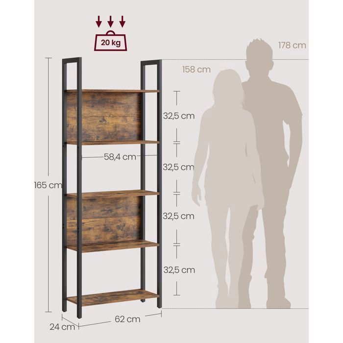 VASAGLE Meuble Étagère à 5 Niveaux, Étagère de Rangement pour Cuisine, 24 x 62 x 165 cm, Style Industriel, Marron Rustique et Noir