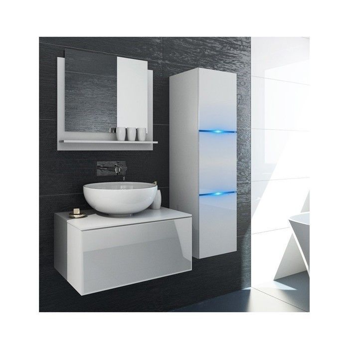 Ensemble meubles de salle de bain blanc collection OWL. Colonne, meuble sous vasque, miroir, siphon et leds