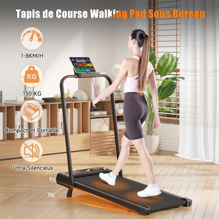 Tapis roulant pieghevole 3 in 1 con inclinazione del 5% - Tapis roulant elettrico - Velocità di camminata 1-8 km/h - Motore da 2,5 HP - con telecomando