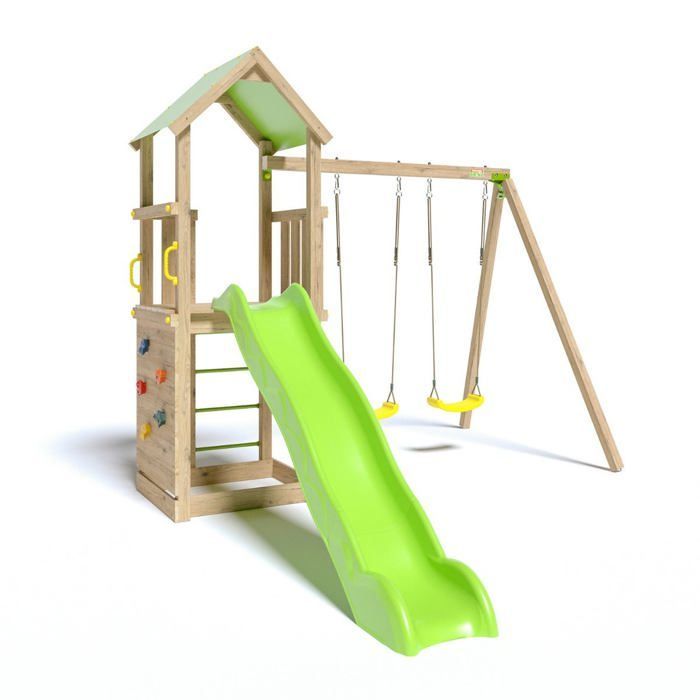 TRIGANO Aire de jeux en bois SMART XPERIENCE - 2 balancoires 1 toboggan 1 mur d'escalade - 7 enfants
