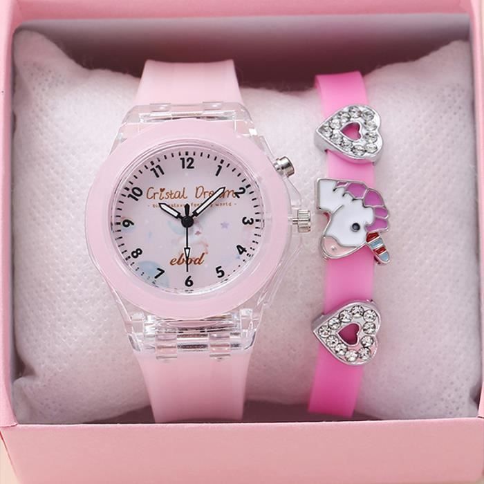 Set orologio da bambina SHARPHY + braccialetto unicorno con design a diamante luminoso, rosa e rosa - Regalo per bambine