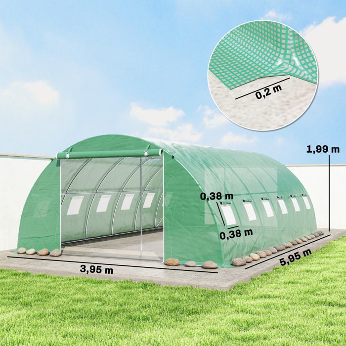 Serre tunnel de jardin - Outsunny - acier galvanisé Ø25mm et structure renforcée - bâche PE 140g/m² - 395x595x199cm - vert