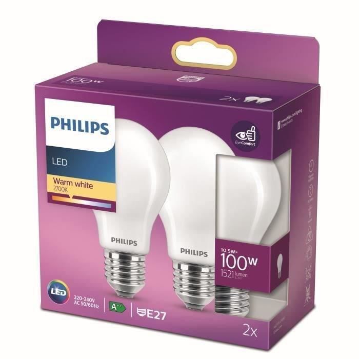 Bombilla LED Philips, equivalente a 100W, E27, luz blanca cálida, no regulable, cristal, paquete de 2