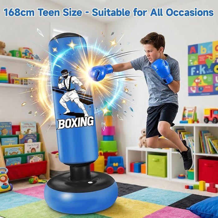 Sacco da boxe autoportante per bambini, 168 cm, blu, con guantoni e pompa, palla da boxe per bambini, karate e taekwondo, per ragazze