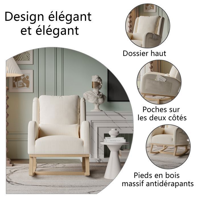 Fauteuil à bascule - SOMUBI - Rocking Chair - Beige - Poches latérales - Confortable