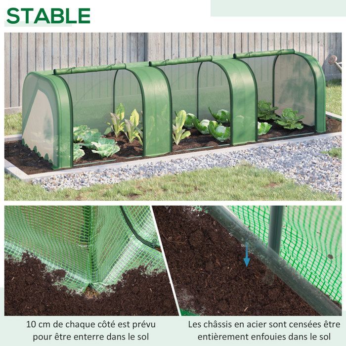 Mini serre de jardin - Outsunny - tunnel serre tomates PE 140 g/m² anti-UV 3 portes - acier - 3x1x0,8m - vert