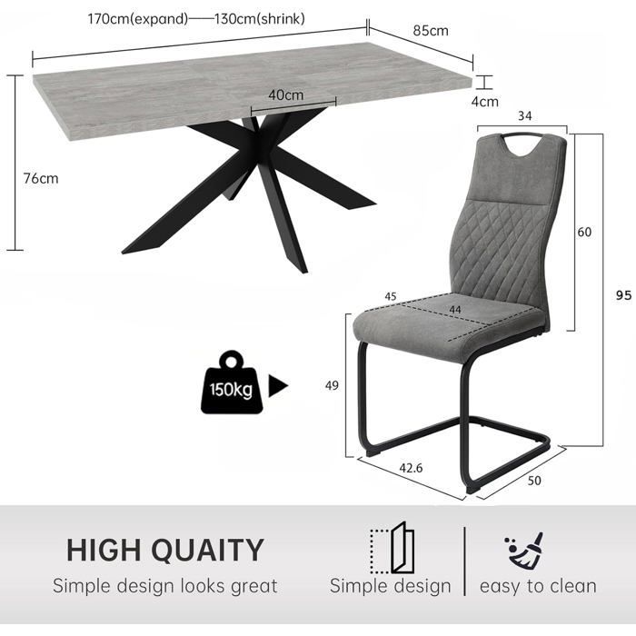 JIEXI Ensemble comprenant une table à rallonges grise et 4 chaises avec housses, idéal pour la cuisine et le salon