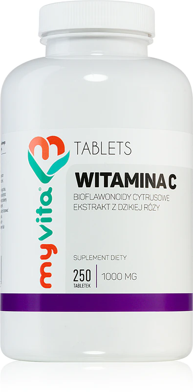 Comprimidos de suplemento alimentar MyVita Vitamina C 1000mg + Bioflavonoides + Rosa Mosqueta para fortalecer a imunidade.