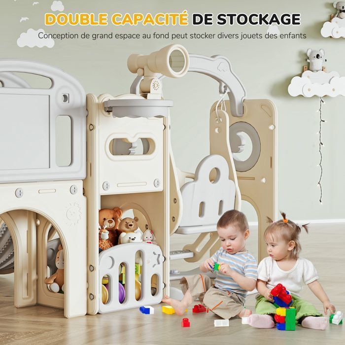 Toboggan et Balançoire Enfant, 9 en 1 Toboggan avec Balançoire,Télescope, Escaliers, Lancer d'anneaux, Panier de Basket, Beige gris