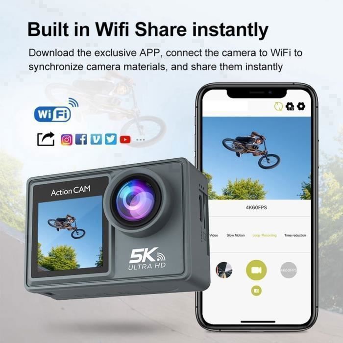 Camera Sport 5K 30FPS avec Microphone Sans Fil, Double Ecran, 50MP, EIS, 2 Batteries, Caméra Etanche 40M,Avec Accessoires