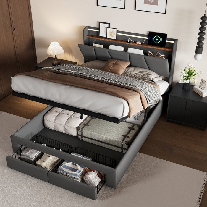 Cama de almacenamiento de 140 x 190 cm con somier de láminas, cama doble con LED y USB, piecero con cajón, cama con somier de láminas