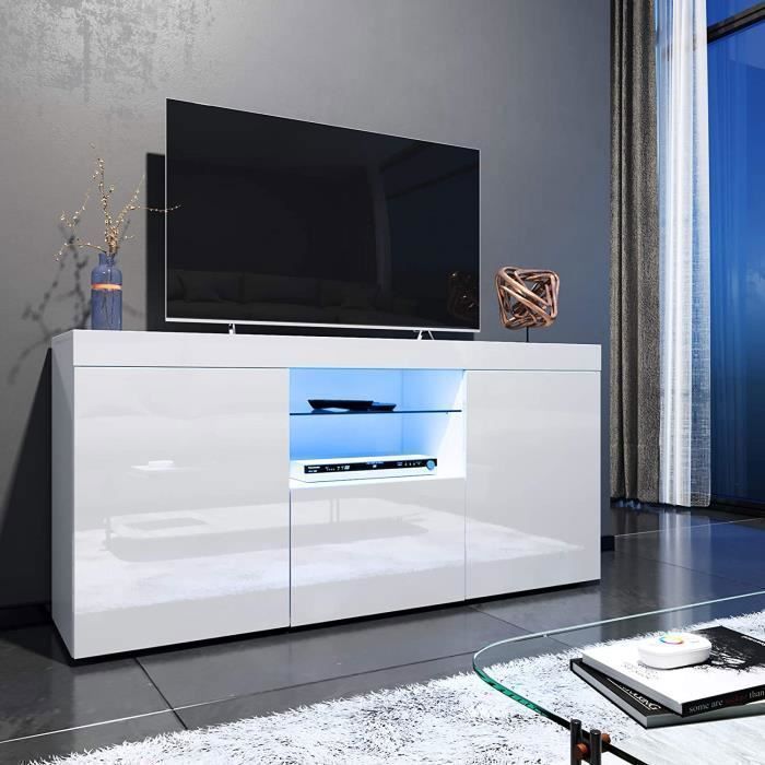 Mueble para TV Dripex blanco brillante con iluminación LED, armario de almacenamiento, aparador para sala de estar, mueble de almacenamiento moderno, 135 cm