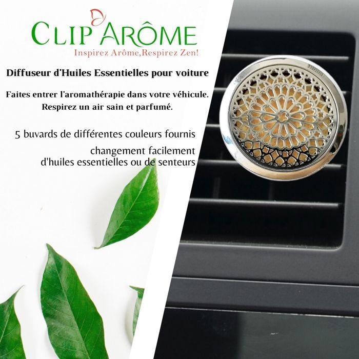 Diffuseur Voiture - ZEN'ARÔME - Clip'Arôme - Acier Inox - 5 Buvards Réutilisables - Rosace Découpée au Laser
