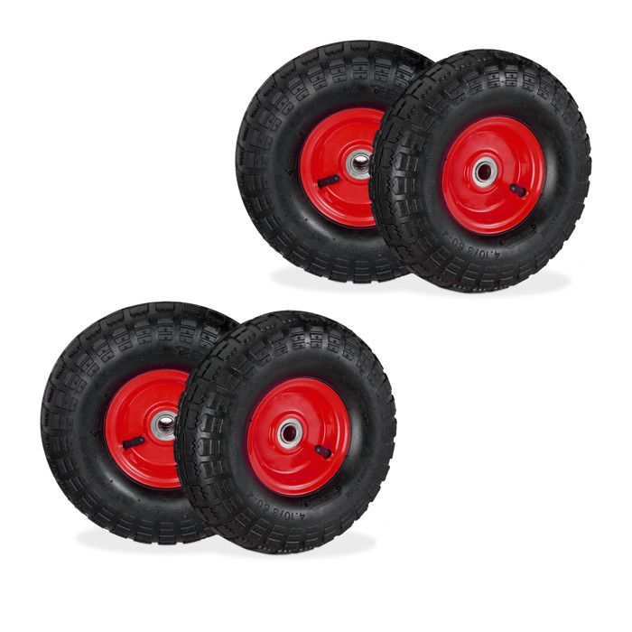 Juego de 4 ruedas para carretilla Relaxdays 4.10/3.50-4, neumáticos de repuesto, eje de 16 mm, carga máxima de 136 kg, 260x85 mm, negro - rojo