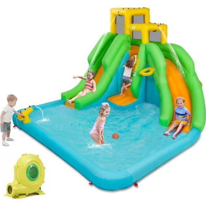 DREAMADE opblaaskasteel voor kinderen met zwembad, waterglijbanen, klimwand en basketbalring