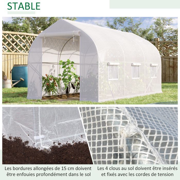 Invernadero tipo túnel Outsunny de 8 m² - con 2 puertas y 6 ventanas - Cubierta de PE de 140 g/m² - 400 x 200 x 200 cm - Blanco