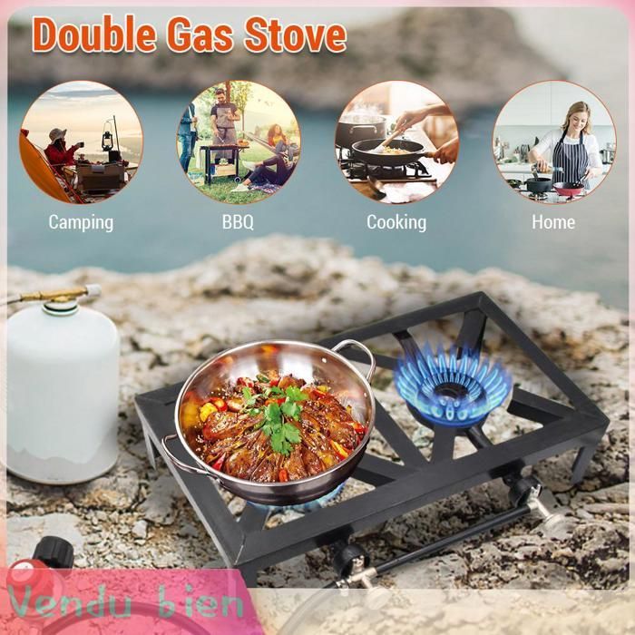 Fornello a gas propano da esterno Garosa da 8 kW, con doppio bruciatore in ghisa, ideale per patio, campeggio, barbecue, sport, con zanzariera, colore nero.