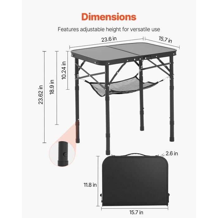 Mesa plegable de camping VEVOR 60x40 cm - Mesa auxiliar portátil - Tablero de malla y asa de transporte - Aluminio MDF - Negra