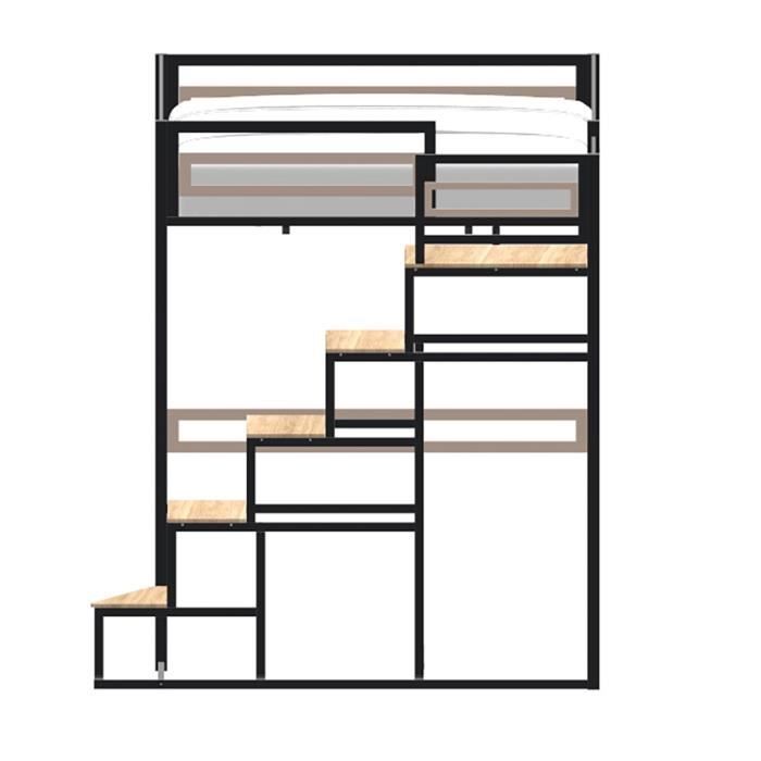 Lit mezzanine LEON - 140x190 cm - Métal noir - Sommier inclus