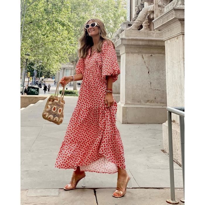 Robe Longue Elégante à Manches Bouffantes pour Femme Motif Floral Décontracté Col en V Eté Rouge