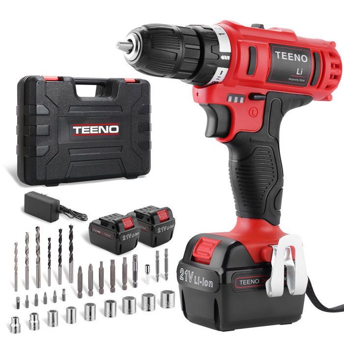 TEENO Cordless Drill Driver - 21V - 2 Lithium Batteries + 41 Accessories + Professional Gloves