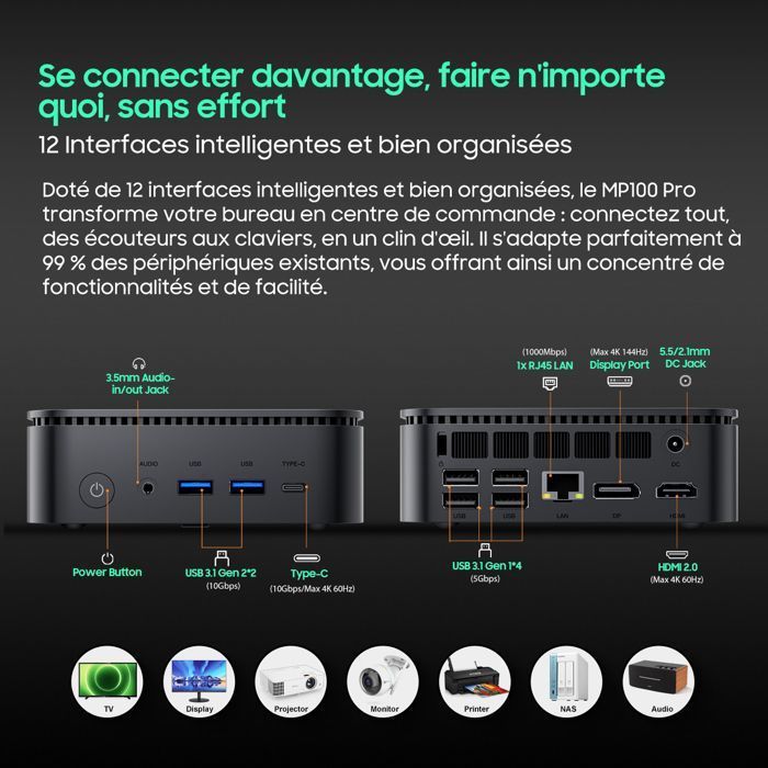 Mini PC Blackview MP100 Pro Intel®Alder Lake I5-12450H 4.4GHz Max 16 Go 512 Go/SSD 4To,Windows 11 Pro,Wifi 6, 4K UHD 144 Hz - Gris
