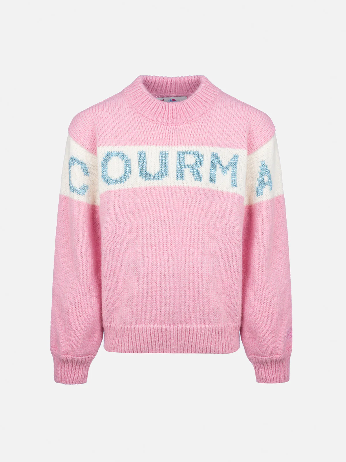 Roze Danya trui met ronde hals en Courma lurex logo
