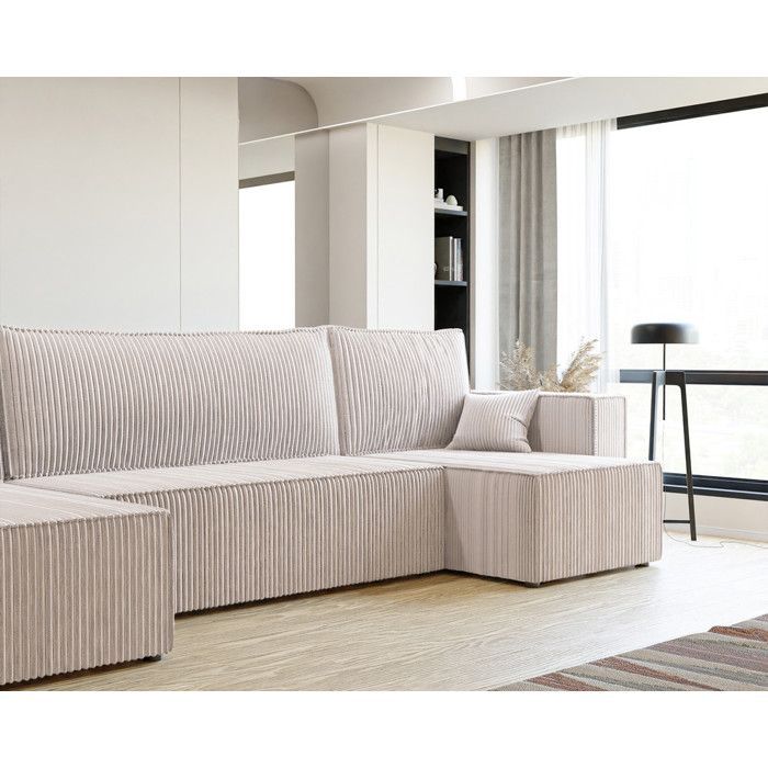 PARIS U Panoramische hoekbank - 7 zitplaatsen - Convertibele bank met opbergruimte - Corduroy stof - Crème