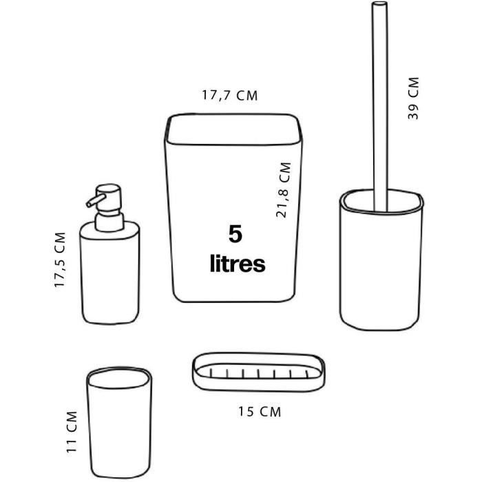 5-teiliges Badezimmer-Accessoire-Set – TODAY – UTILITY – Seifenspender, Zahnbürstenhalter, Seifenschale, WC-Bürste, Abfalleimer – Schwarz