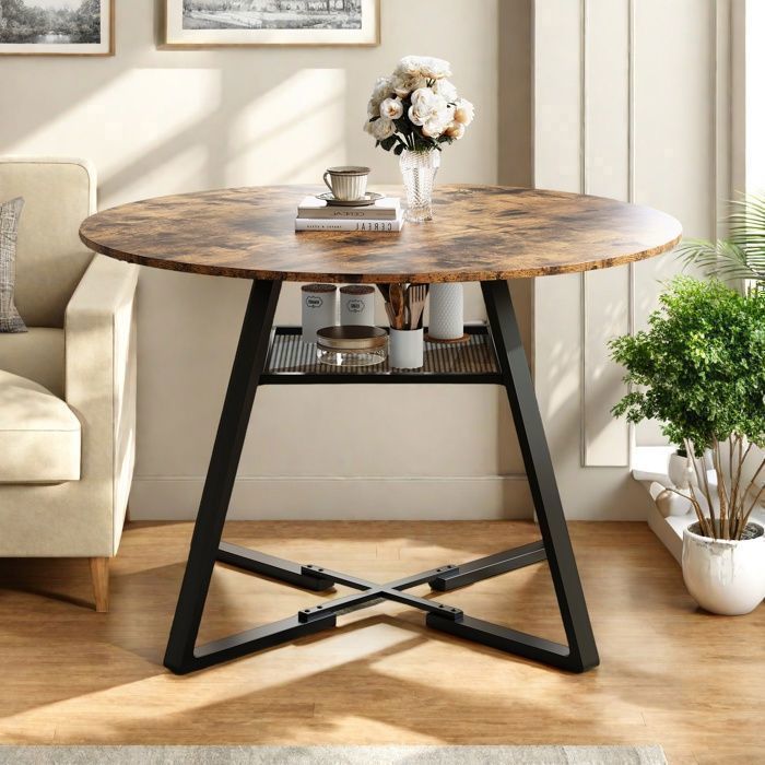 Tavolo da pranzo rotondo 120 x 120 cm, tavolino da cucina, tavolo da pranzo con ripiano per 4-6 persone, marrone