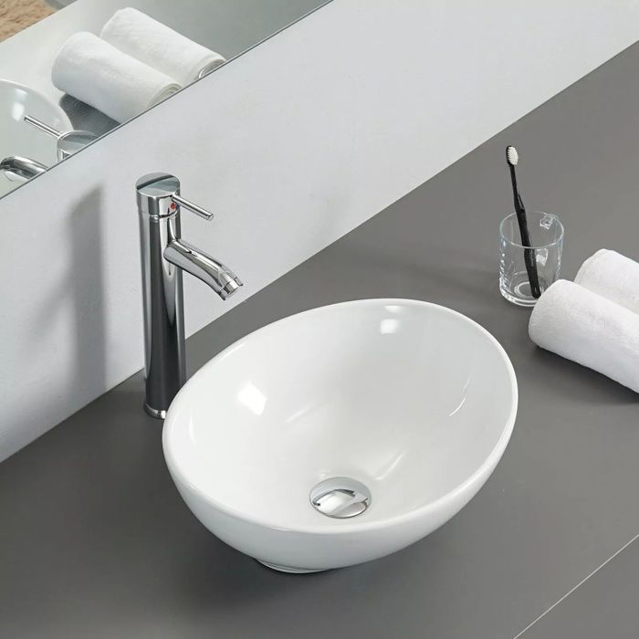 Oval white ceramic countertop washbasin, modern bathroom ceramic sink, 41x34x11cm