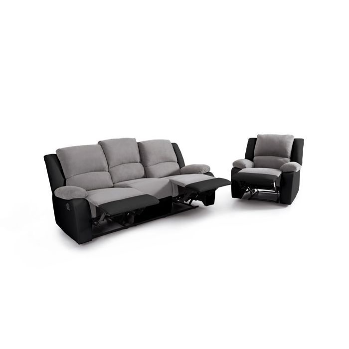 Ensemble de Canapés Relaxation manuel 3 places et 1 place Microfibre Grise / Simili Noir LEO - LOUNGITUDE