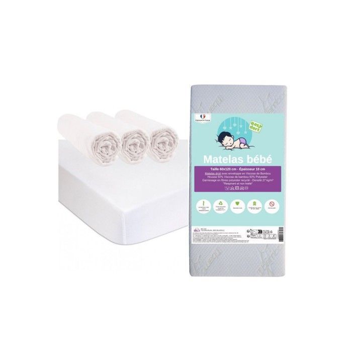 KIT PRATIQUE BEBE Matelas 60x120 Lit Bébé Lit Parapluie + 3 Draps housse Bio + 2 Alèses Bio | Certifié GOTS|Fabrication France UE