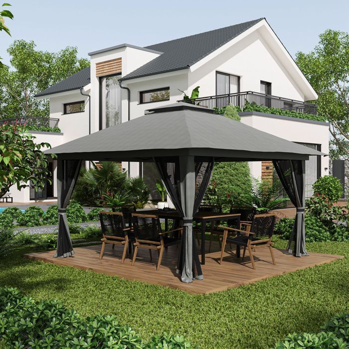 Outsunny - Garden gazebo - Metal - 392x392x283cm - Dark grey