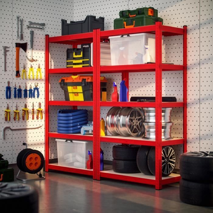 MONZANA® 2 estanterías de alta resistencia, rojas, 5 niveles, 180x90x40cm, estanterías metálicas, máx. 875kg, almacenamiento para garaje/taller.