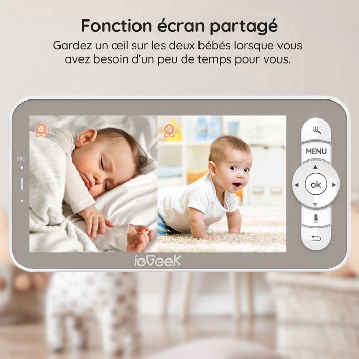 Babá eletrônica 2K/3MP de 5 polegadas com 2 câmeras, vídeo PTZ 360°, alertas inteligentes, visão noturna e rastreamento.