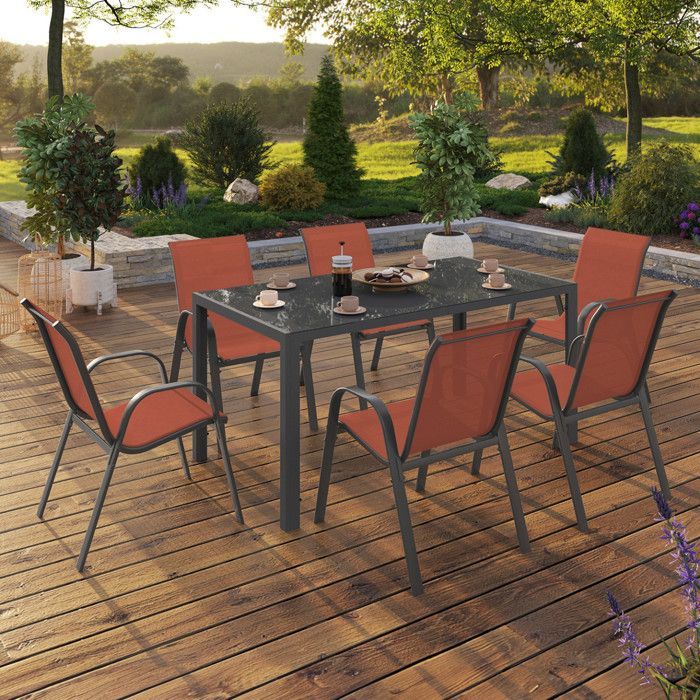 Conjunto de muebles de jardín IDMARKET MADRID: mesa de 150 cm y 6 sillas apilables de terracota.