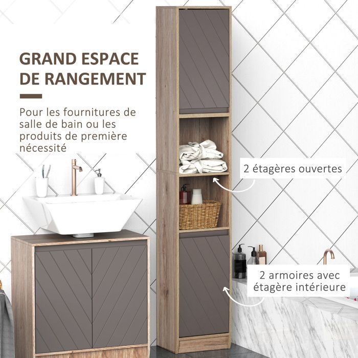 Mueble de baño tipo columna - HOMCOM - 6 estantes estrechos, 2 puertas, 2 compartimentos - madera - 30x24x170cm - roble gris