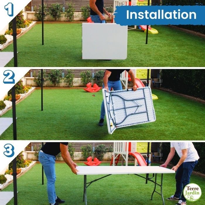 Tavolo pieghevole per 8 persone, 180 x 74 x 74 cm, tavolo rettangolare da esterno in polietilene, portata massima 175 kg, maniglia - Bianco - TERRE JARDIN