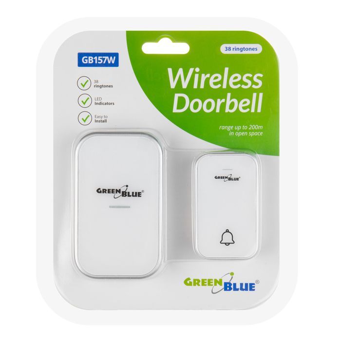 Sonnette sans fil, sans pile, cinétique, GB157 W GreenBlue, 38 mélodies, blanc, portée jusqu'à 200m, IP44