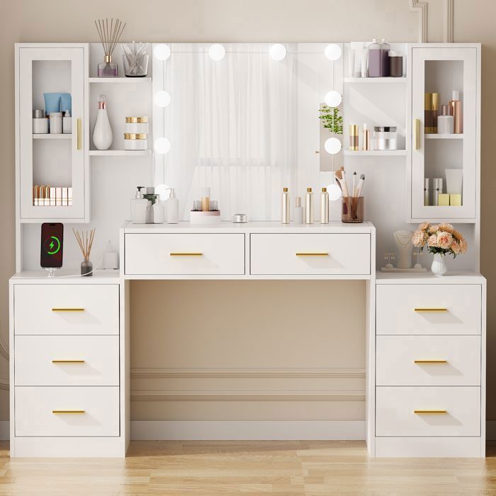 Grande Coiffeuse avec Miroir LED, 2 Prises et Ports USB, 8 Tiroirs de Rangement, Adultes et Enfants, 150×40×135cm