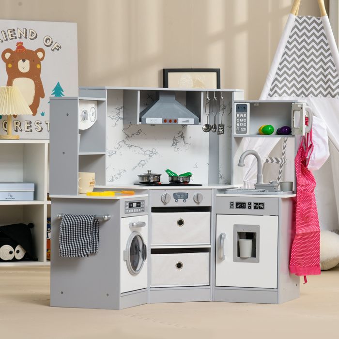 Cuisine pour enfant - AIYAPLAY - en bois jeu d'imitation effet sonore 17 accessoires - bois - gris blanc
