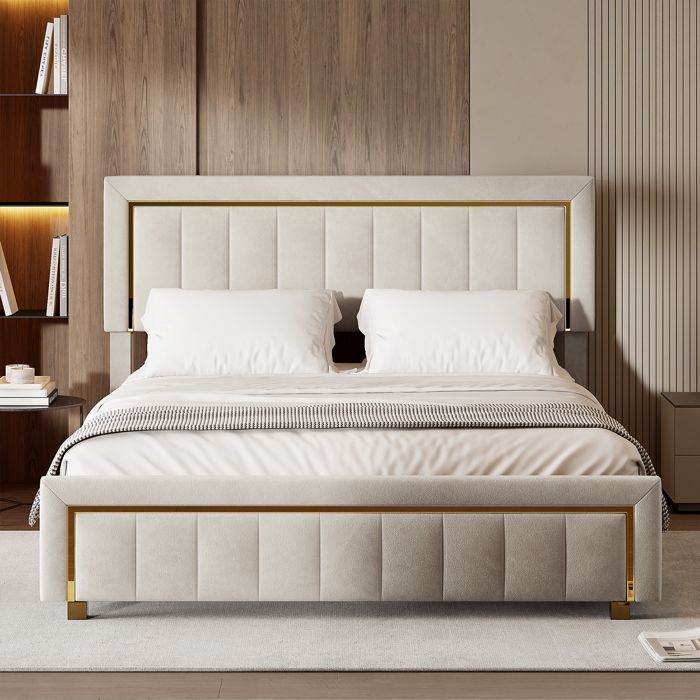 Double bed 160x200 cm - Linen-Cotton fabric - Beige - Slatted bed base included - Mattress not included