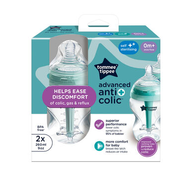 Paquete anticólico avanzado para bebés Tommee Tippee, biberones de 260 ml, 0 meses, 2 unidades.
