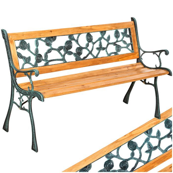 Banc d'extérieur - TECTAKE - Banc de jardin MARINA 2 places en bois naturel laqué et fonte 124 x 52 x 74 cm - Marron