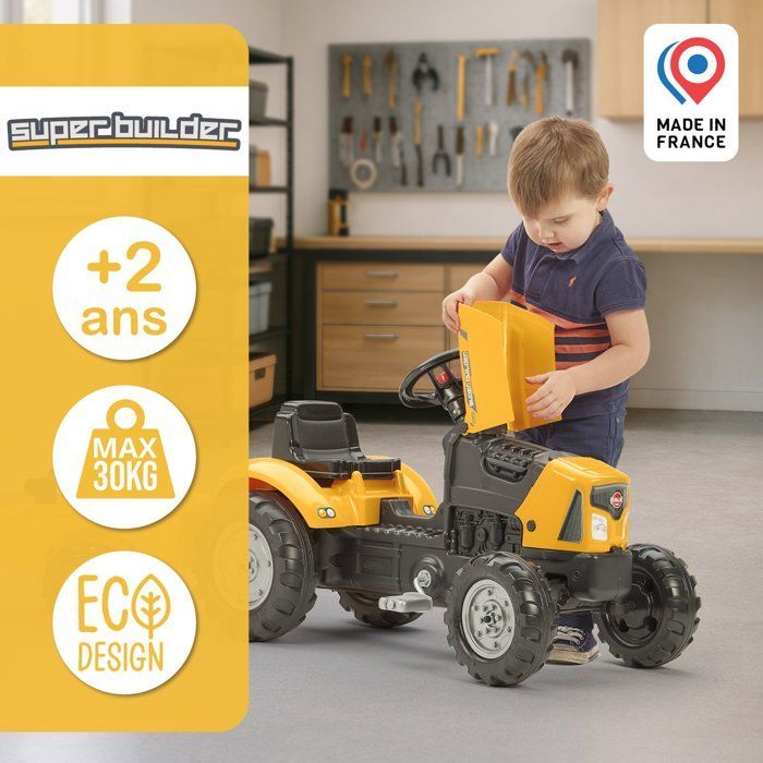 Trattore a pedali FALK SuperBuilder - con cofano apribile e rimorchio - per bambini dai 2 ai 5 anni